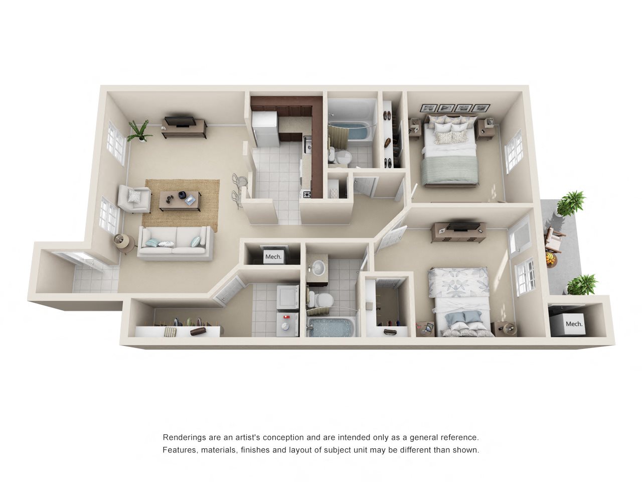 2 Bedroom 2 Bath - A Two bedroom floor plan